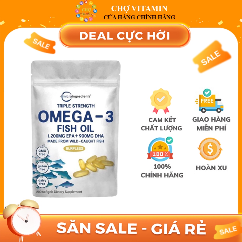 Viên Uống Dầu Cá Micro Ingredients Triple Strength Omega 3 Fish Oil (200 viên) - Chính Hãng Mỹ