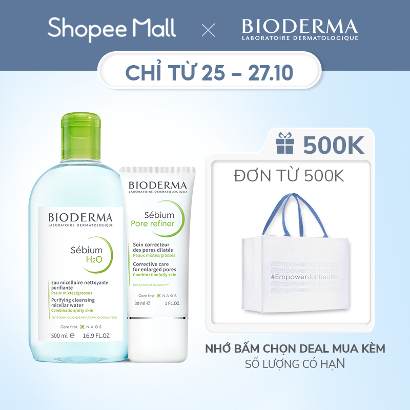 Bộ đôi làm sạch micellar cho da hỗn hợp và da dầu Bioderma Sebium H2O 500ml và kem dưỡng se lỗ chân lông 30ml