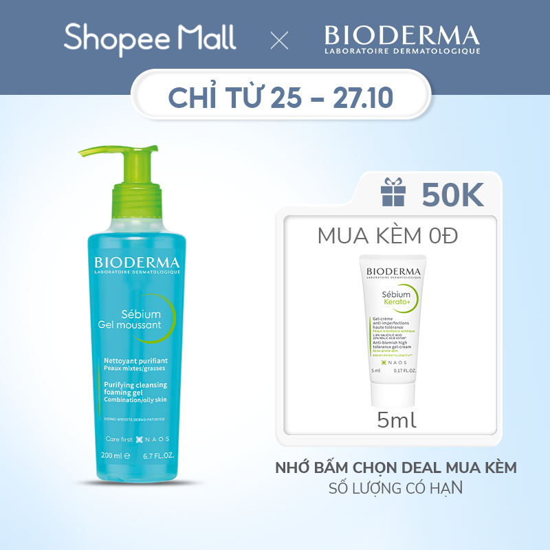 Gel rửa mặt tạo bọt, không chứa xà phòng Bioderma Sebium Gel Moussant - 200ml