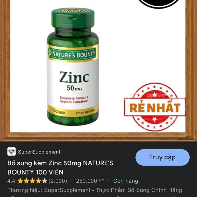 Viên uống bổ sung kẽm Zin C 50mg Nature's Bounty Mỹ