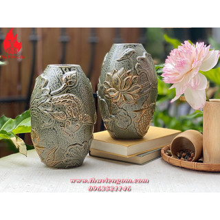 Bình gốm Bát Tràng vân nổi họa tiết cá chép hoa sen cắm hoa decor nội thất