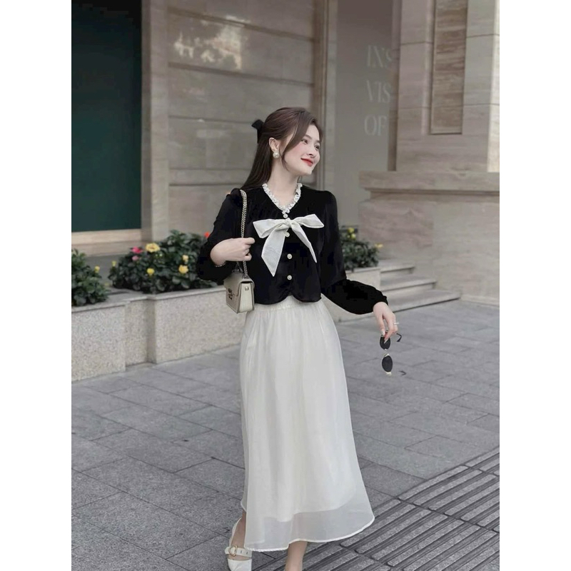 SET váy thời trang nữ mặc đi chơi Tết áo chất nhung mịn cột nơ tay dài mix chân váy voan kèm lót umi maxi trắng đen QC