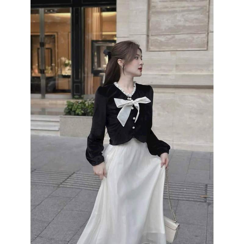 SET váy thời trang nữ mặc đi chơi Tết áo chất nhung mịn cột nơ tay dài mix chân váy voan kèm lót umi maxi trắng đen QC