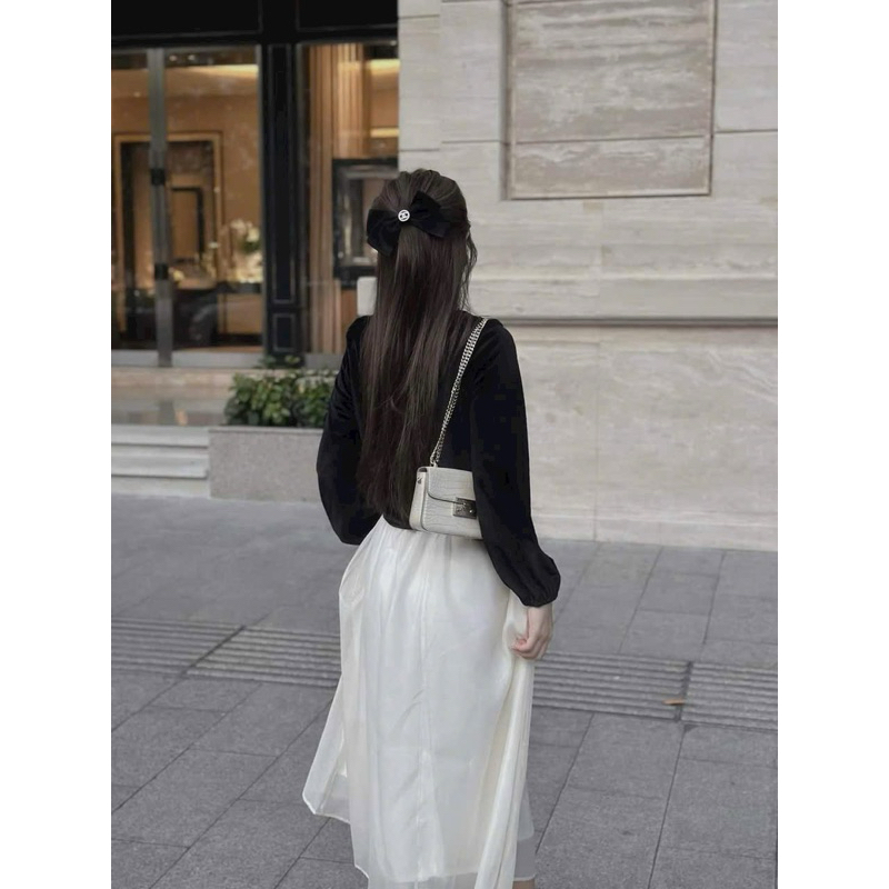 SET váy thời trang nữ mặc đi chơi Tết áo chất nhung mịn cột nơ tay dài mix chân váy voan kèm lót umi maxi trắng đen QC