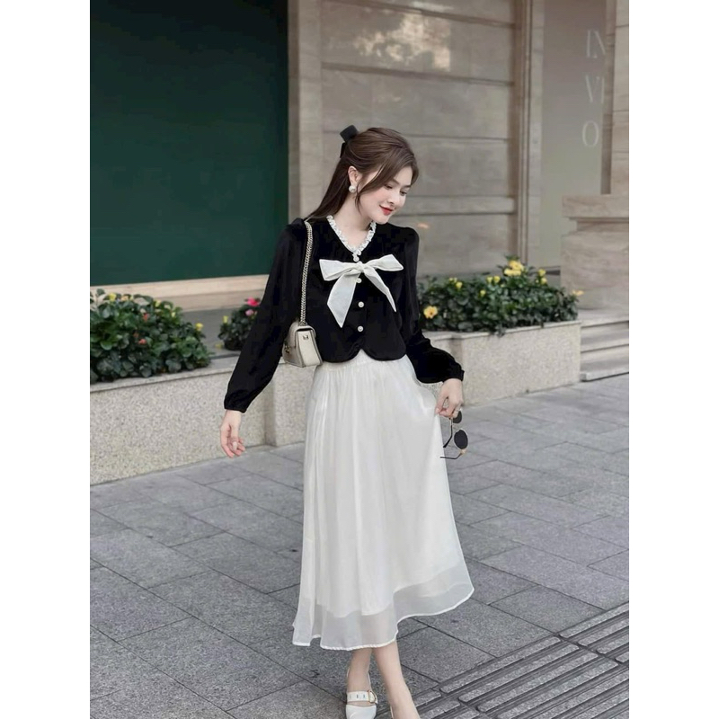 SET váy thời trang nữ mặc đi chơi Tết áo chất nhung mịn cột nơ tay dài mix chân váy voan kèm lót umi maxi trắng đen QC