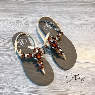 Sandal đính đá nâu đế bệt