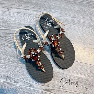 (form to lùi size) Sandal đính đá nâu đế bệt