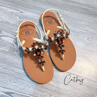 (form to lùi size) Sandal đính đá nâu đế bệt
