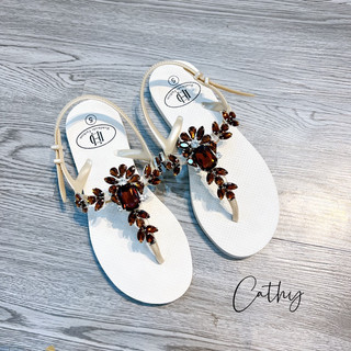 (form to lùi size) Sandal đính đá nâu đế bệt