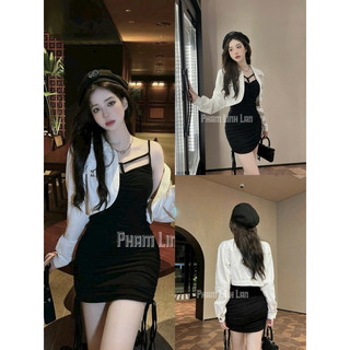 đầm NỮ HQ CHẤT THUN GÂN BODY ĐEN MINI DÂY RÚT 2 BÊN HÔNG KÈM ÁO KHOÁC KAKI TAY DÀI STYLE HÀN QUỐC
