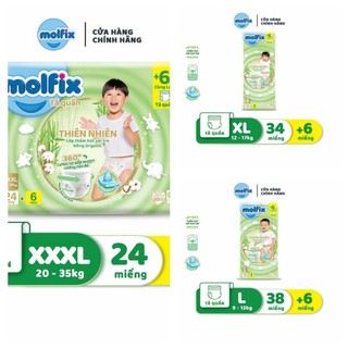 Tã/bỉm quần và dán molfix thiên nhiên jumbo nb1-64+10/nb2-60+6/nb72/s56+8/m48+6/l42+6/xl38+6/xxl30+6/xxxl24+6/xxxl24