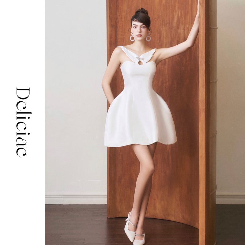 RINA DRESS - Đầm xòe cổ cách điệu đính đá