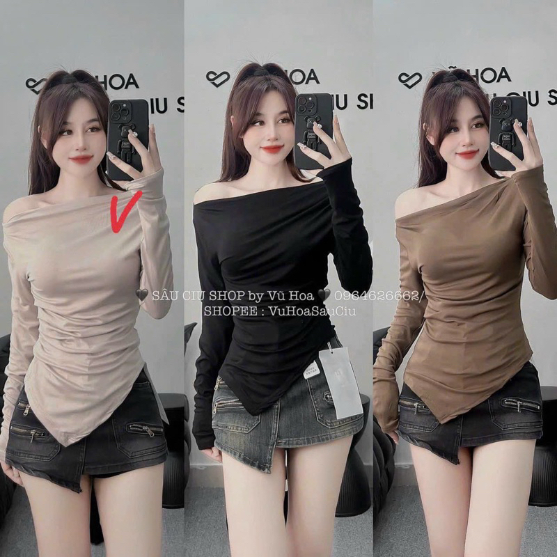 Áo Thun Nữ Dài Tay Lệch Vai, Vạt Áo Lệch
