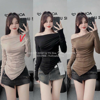 Áo thun nữ dài tay lệch vai, vạt áo lệch