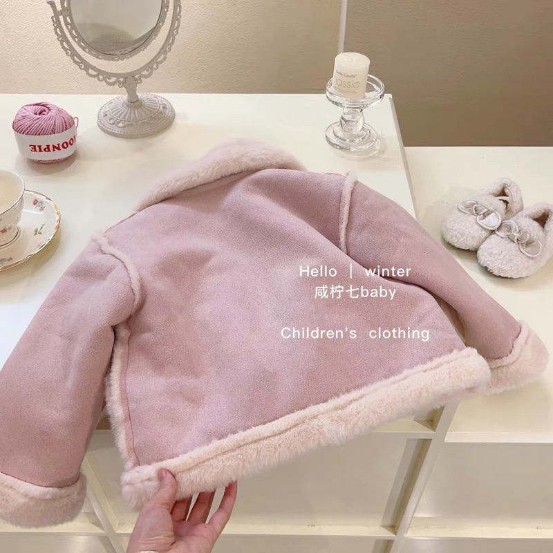 Áo Khoác Da Lộn Lót Lông Cừu Dày Dặn Giữ Ấm Mùa Đông Dành Cho Bé Gái