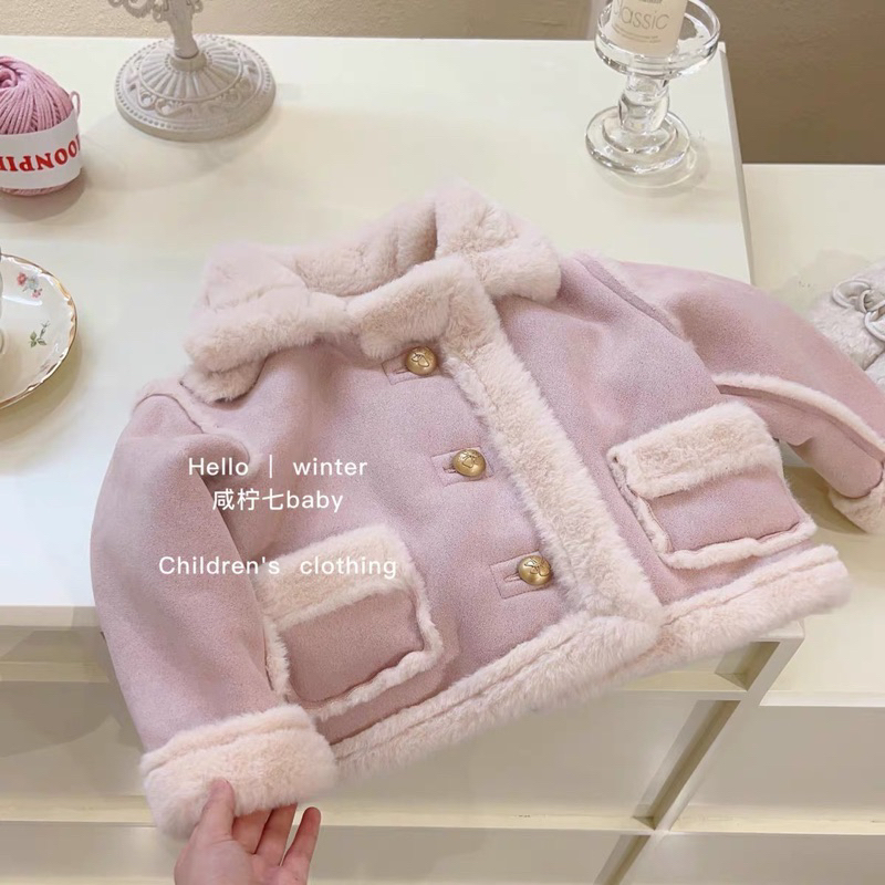 Áo Khoác Da Lộn Lót Lông Cừu Dày Dặn Giữ Ấm Mùa Đông Dành Cho Bé Gái