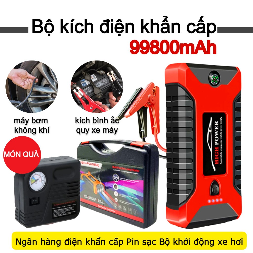 🔥Hàng sẵn có🔥 Bộ kích điện kèm bơm lốp ô tô, bộ kích nổ bình ắc quy dung lượng 99800mAh