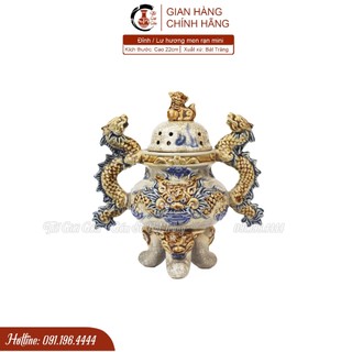 Đỉnh mini - Lư hương men rạn gốm sứ Bát Tràng đắp nổi thủ công