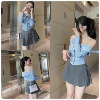 Set Váy Nữ Áo somi Trễ Vai mix Chân Váy