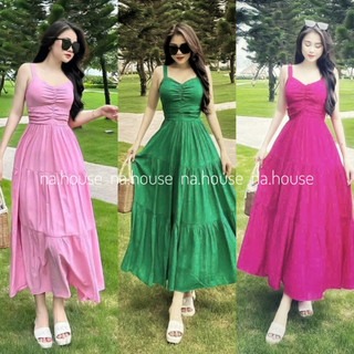 Đầm 2 dây dáng dài đi chơi dạo phố Nahouse váy đi biển đầm maxi lụa xòe bo chun lưng thiết kế đẹp xinh xịn và sang trọng