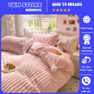 Bộ chăn ga gối nỉ lông chồn kết hợp vải nhung sữa siêu mịn đẹp tuyệt đỉnh , Set 4 món nỉ thỏ Bunny điệu đà mẫu mới 2023