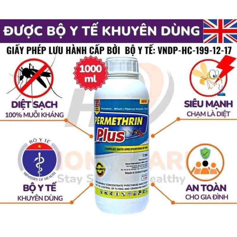 Thuốc diệt Muỗi và côn trùng Permethrin Plus - 1 Lít (Nhập khẩu Anh Quốc)
