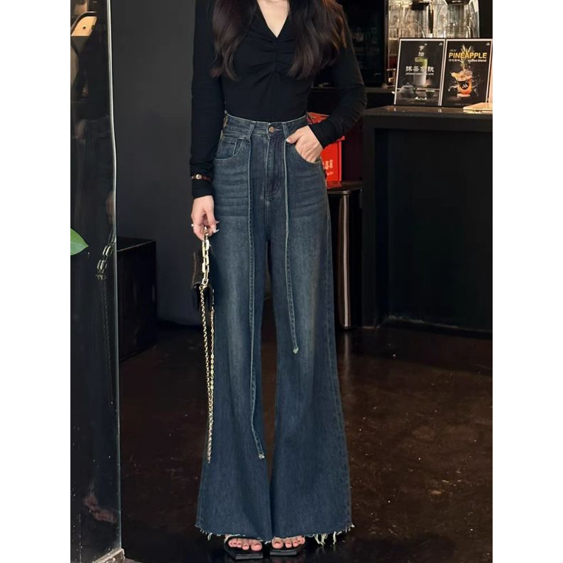 Quần Jeans Lưng Cao Dáng Rộng Ống Loe Kèm Dây Đai Sành Điệu
