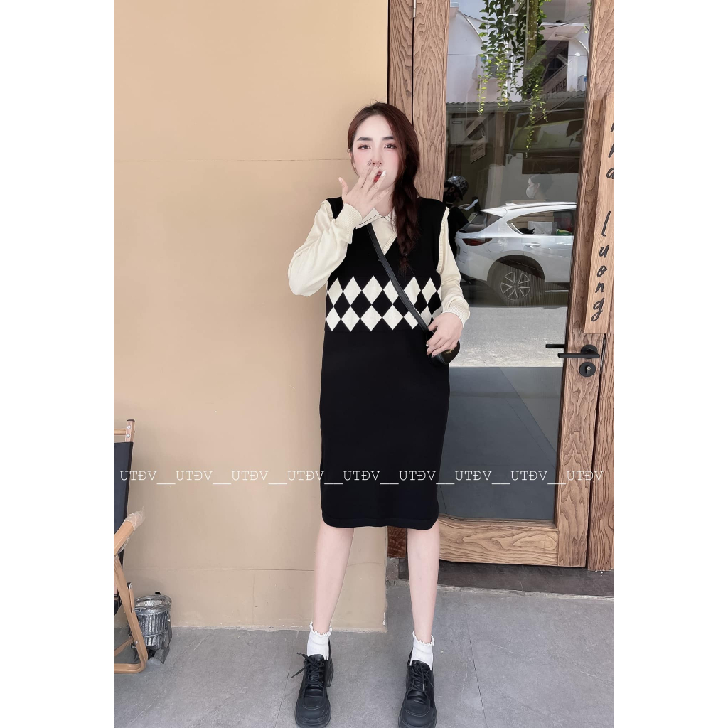 Váy len họa tiết trám tay be mềm đính nơ dáng dài dày dặn