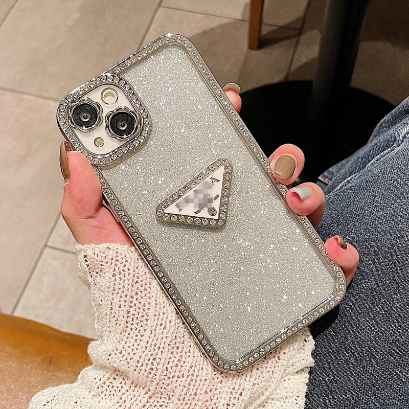 Ốp lưng nhũ đính viền đá bling gắn TAM GIÁC PRA DA cạnh vuông chống bẩn cho i phone 7 đến 15promax