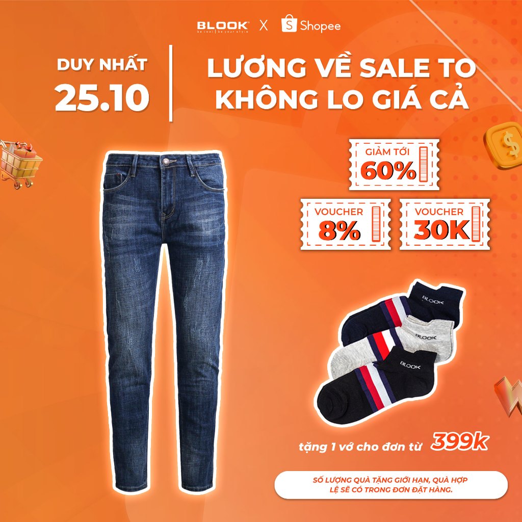 Quần Jeans BLOOK form slimfit ống đứng , không rách co giãn mã 30160 màu Denim [ HÌNH THẬT)