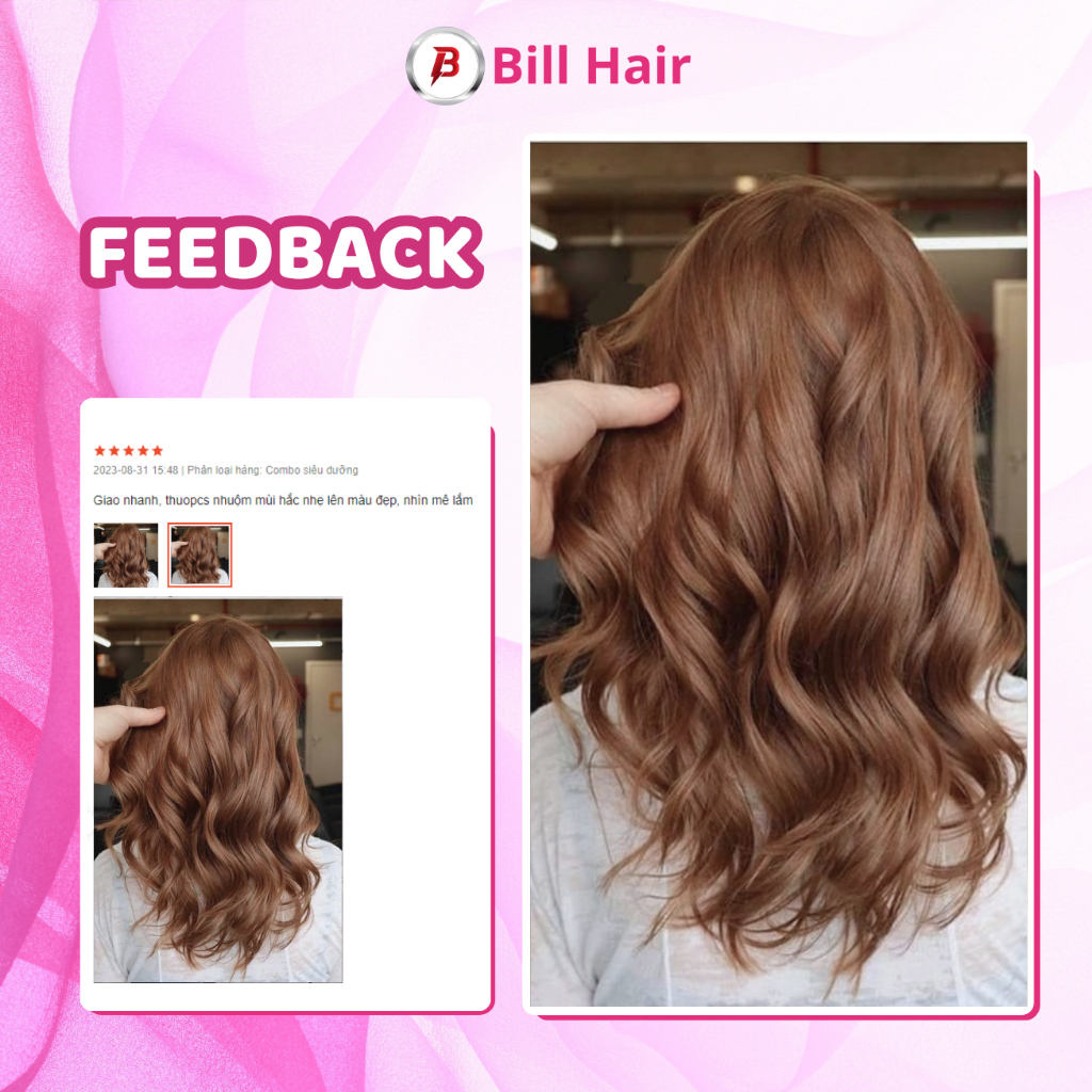 Thuốc nhuộm tóc NÂU CARAMEL, NÂU BƠ không tẩy lên từ nền đen, tặng kèm trợ nhuộm và găng tay | Bill Hair, Billhair