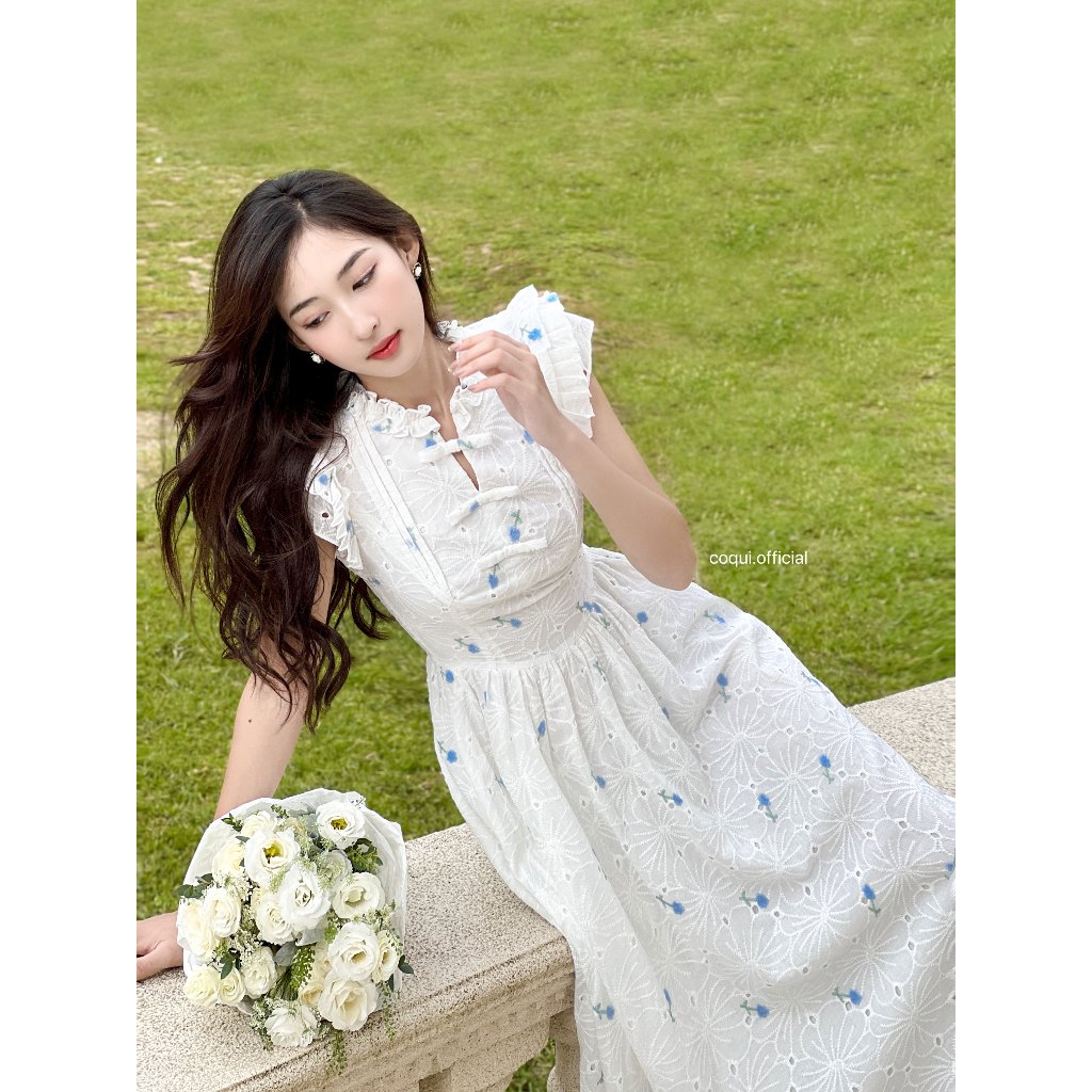 COQUI- Váy dài tiểu thư xô thêu hoa ANGELICA DRESS