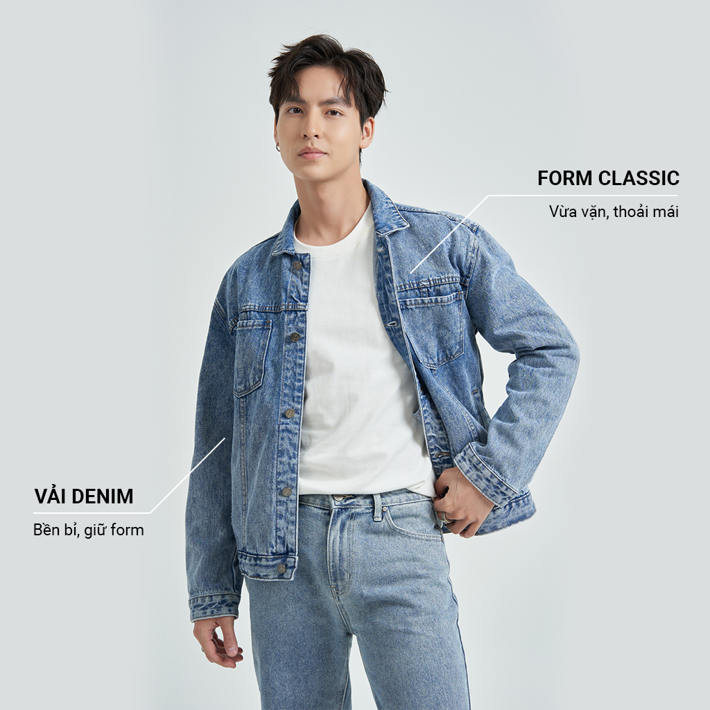 Áo Khoác Jeans Nam KRIK Phong Cách Hàn Quốc Màu Xanh Sáng Trẻ Trung Form Classic AK5024