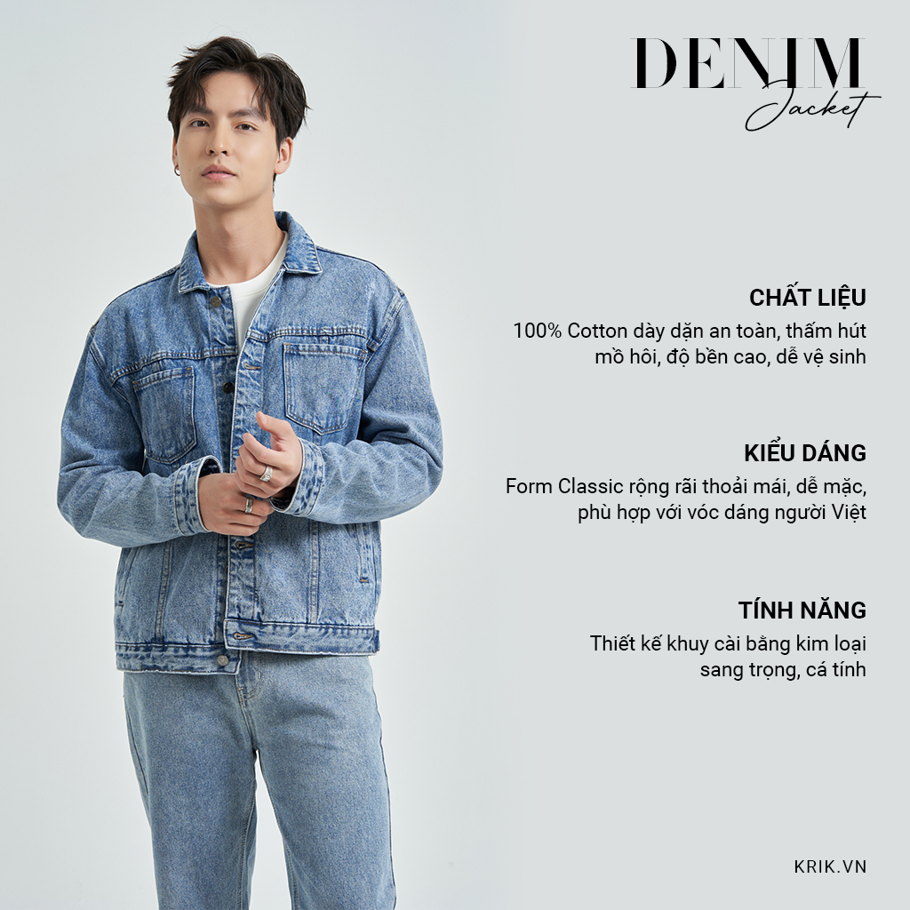 Áo Khoác Jeans Nam KRIK Phong Cách Hàn Quốc Màu Xanh Sáng Trẻ Trung Form Classic AK5024