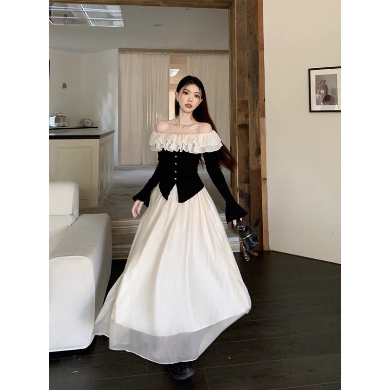 Lila Dress - Set áo tay loe trễ vai bèo tơ cúc ngọc mix chân váy xoè 2 lớp