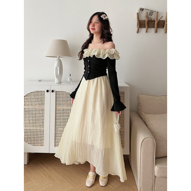 Lila Dress - Set áo tay loe trễ vai bèo tơ cúc ngọc mix chân váy xoè 2 lớp