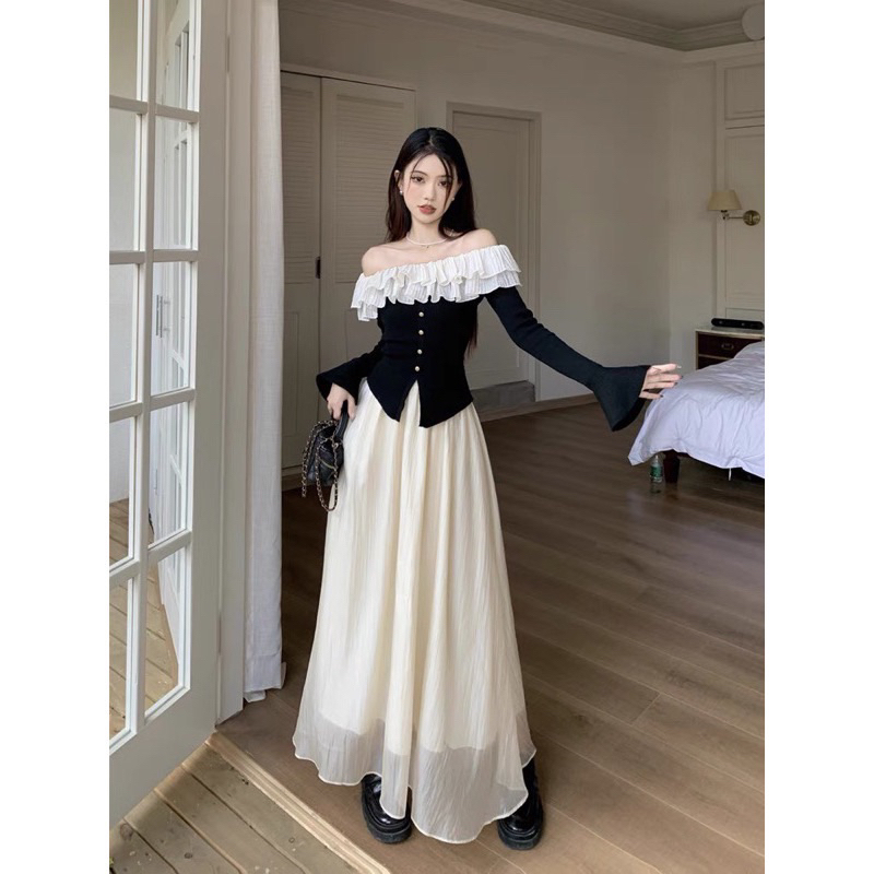Lila Dress - Set áo tay loe trễ vai bèo tơ cúc ngọc mix chân váy xoè 2 lớp