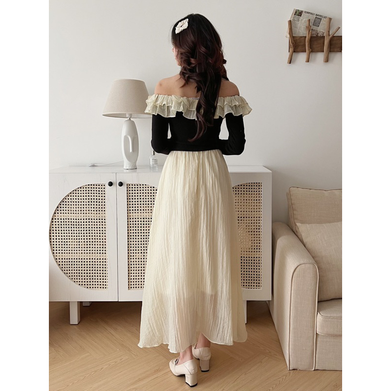 Lila Dress - Set áo tay loe trễ vai bèo tơ cúc ngọc mix chân váy xoè 2 lớp