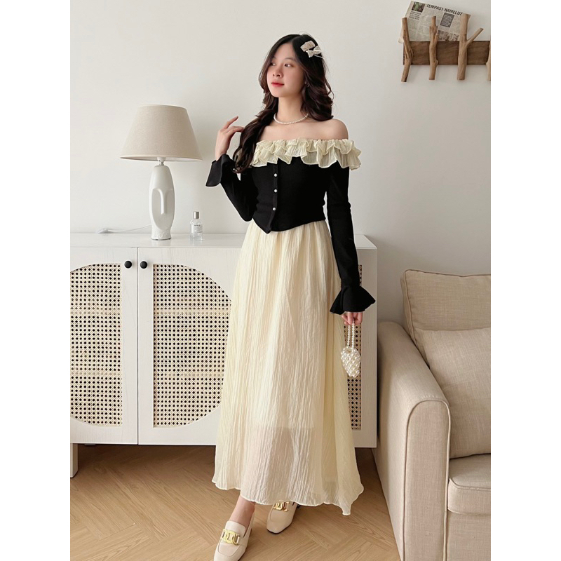 Lila Dress - Set áo tay loe trễ vai bèo tơ cúc ngọc mix chân váy xoè 2 lớp