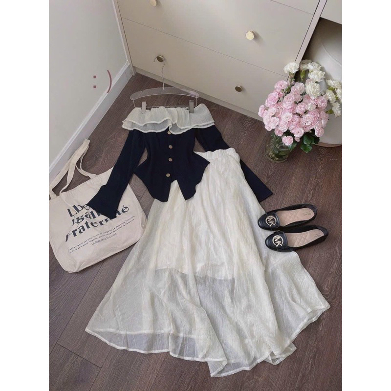 Lila Dress - Set áo tay loe trễ vai bèo tơ cúc ngọc mix chân váy xoè 2 lớp