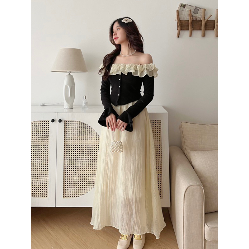 Lila Dress - Set áo tay loe trễ vai bèo tơ cúc ngọc mix chân váy xoè 2 lớp