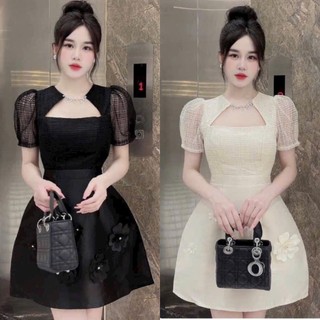 Đầm váy thiết kế phối vải vân mây tay bồng đính bông kết cườm sang trọng HT208