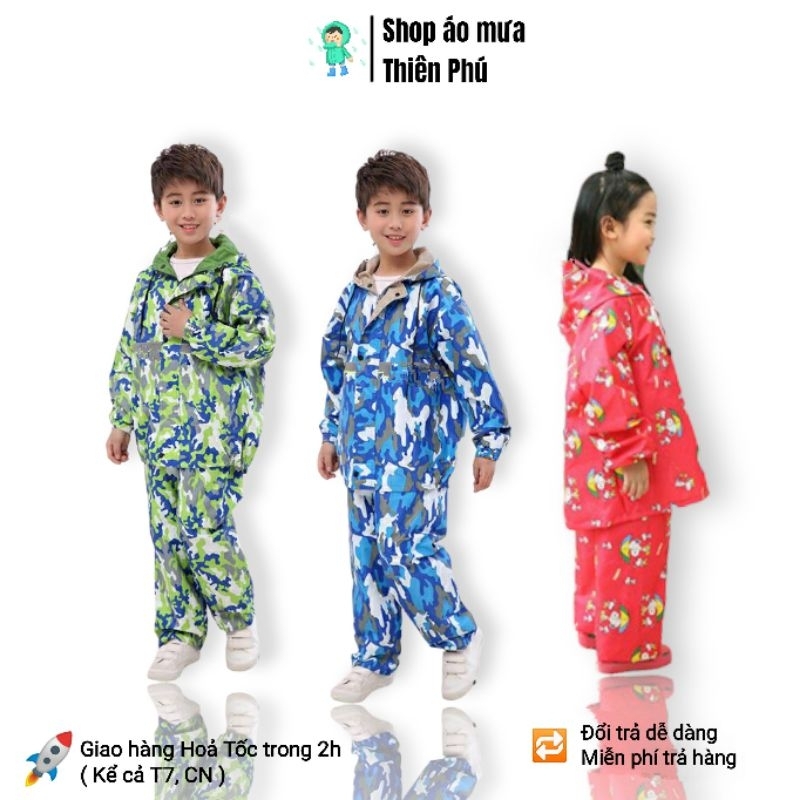 Bộ áo mưa cho bé trai gái 3-10 tuổi giá sỉ, vải dù cao cấp chống thấm nước, hoạ tiết hoạt hình Doraemon, siêu nhân
