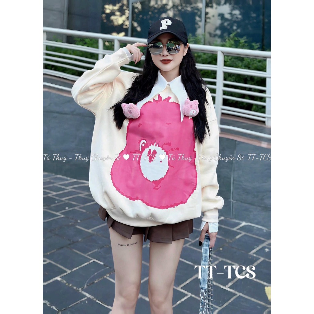 Áo Sweater Dạng Rộng Tay Dài Thêu Gấu Siêu Hot quảng châu Cực Dễ Thương Siêu Hot-A134