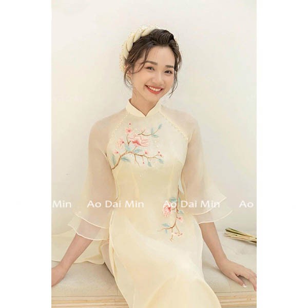 Áo Dài Voan Tơ Organza Màu Da Duyên Dáng Thướt Tha ,áo dài Truyền Thống Thêu Họa Tiết Hoa 4 Tà