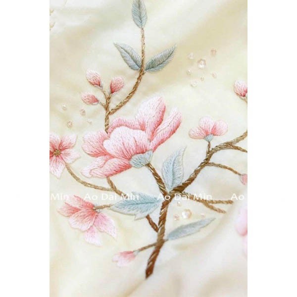 Áo Dài Voan Tơ Organza Màu Da Duyên Dáng Thướt Tha ,áo dài Truyền Thống Thêu Họa Tiết Hoa 4 Tà