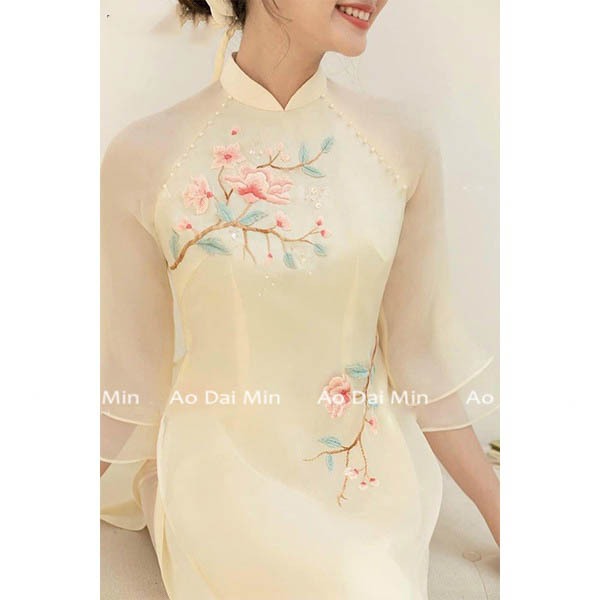 Áo Dài Voan Tơ Organza Màu Da Duyên Dáng Thướt Tha ,áo dài Truyền Thống Thêu Họa Tiết Hoa 4 Tà