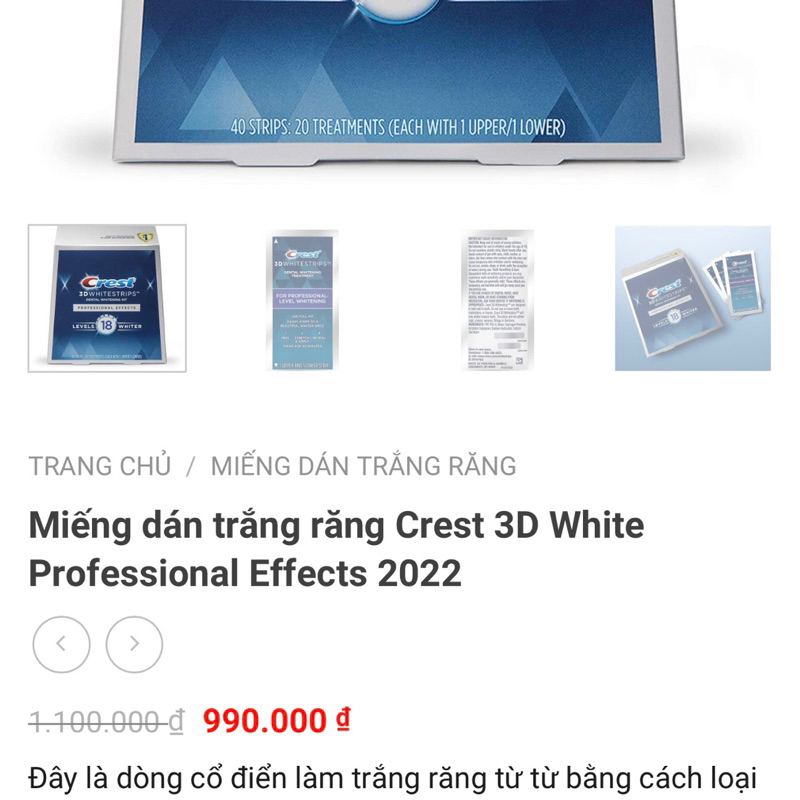 Miếng dán trắng răng Crest 3D White Professional Effects LV18