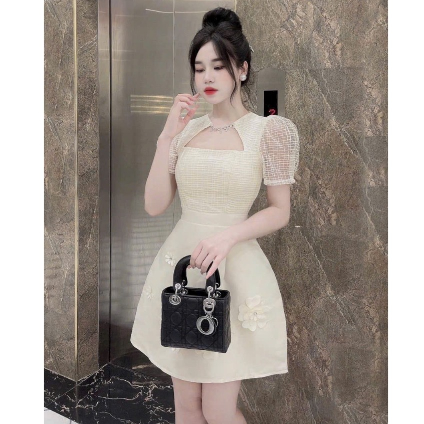 Đầm váy thiết kế phối vải vân mây tay bồng đính bông kết cườm sang trọng HT208