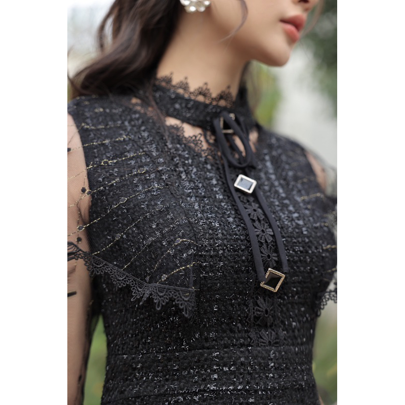 Váy dạ tweed phối ren lưới đen